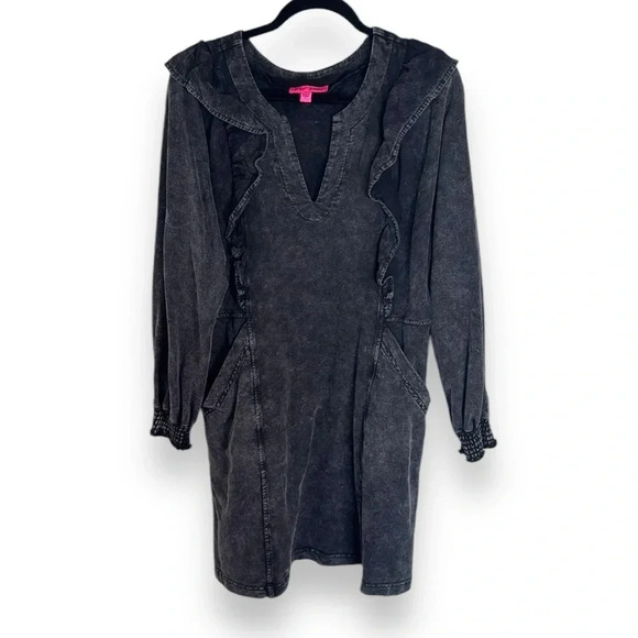 Betsey Johnson Ruffle Long Sleeve Gray Mini Dress Size Large - Picture 1 of 10